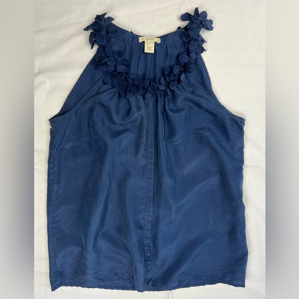 J.Crew 100% Silk Sleeveless Appliqué Tank Top Women’s Size 0 Navy Blue